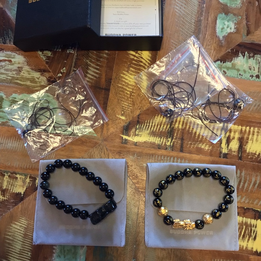 NWOT Buddha Power Set: Feng Shui Black Obsidian Pixiu & Mantra Bracelets Reiki